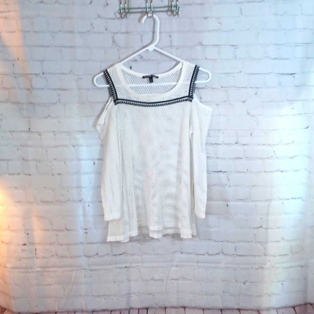 Rachel Cole White Netted Mesh 3/4 Sleeve top  Womans  Made In Canada  S